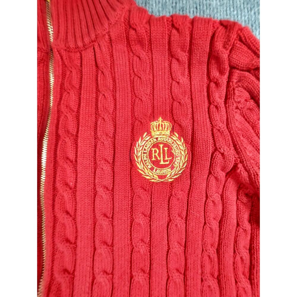 Lauren Ralph Lauren Women's Red Cable Knit Full Zip Sweater Gold Crown Crest Med - Picture 3 of 9